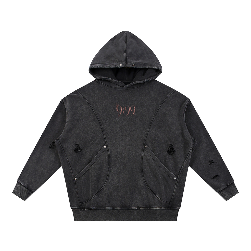 Noble Splendour Graphic Snow Washed Distressed Panel Pocket Hoodie